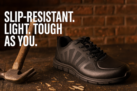 Black slip-resistant lace-up work shoe placed on a rugged workshop floor with wood chips and a hammer, set against a red brick background. Bold white text reads: “SLIP-RESISTANT. LIGHT. TOUGH AS YOU.”