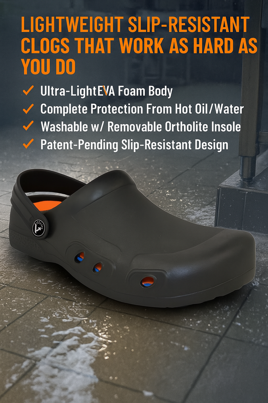 Lightweight black slip-resistant work clog for chefs and industry workers, shown on wet kitchen floor with features listed: EVA foam body, Ortholite insole, washable design, and hot oil/water protection.